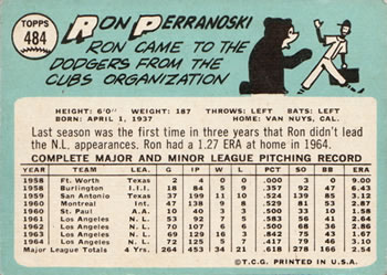 1965 Topps #484 Ron Perranoski Back