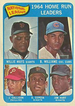 1965 Topps #4 National League 1964 Home Run Leaders (Willie Mays / Billy Williams / Johnny Callison / Orlando Cepeda / Jim Hart) Front