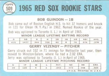 1965 Topps #509 Red Sox 1965 Rookie Stars (Bob Guindon / Gerry Vezendy) Back