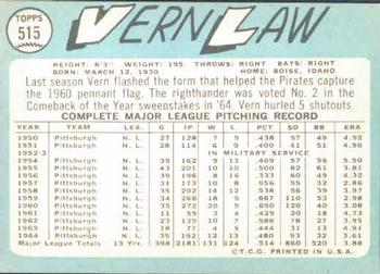 1965 Topps #515 Vern Law Back