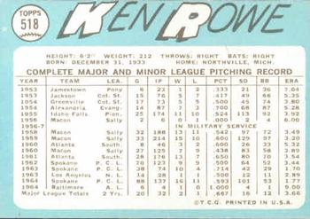 1965 Topps #518 Ken Rowe Back