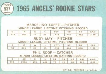1965 Topps #537 Angels 1965 Rookie Stars (Marcelino Lopez / Rudy May / Phil Roof) Back