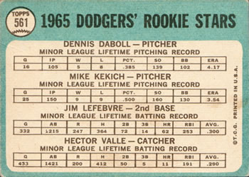 1965 Topps #561 Dodgers 1965 Rookie Stars (Dennis Daboll / Mike Kekich / Jim Lefebvre / Hector Valle) Back