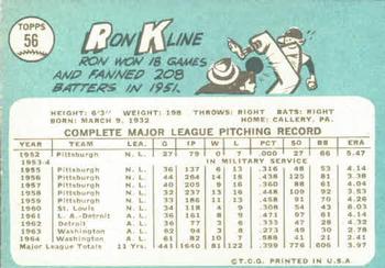 1965 Topps #56 Ron Kline Back