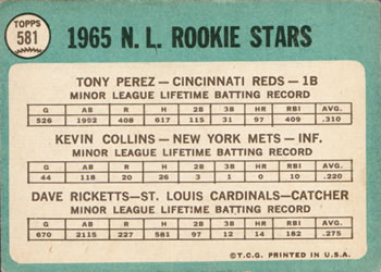 1965 Topps #581 National League 1965 Rookie Stars (Tony Perez / Kevin Collins / Dave Ricketts) Back