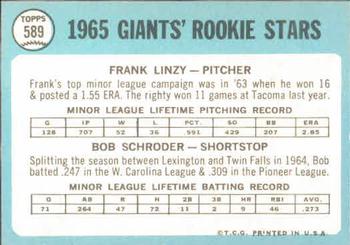 1965 Topps #589 Giants 1965 Rookie Stars (Frank Linzy / Bob Schroder) Back