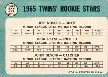 1965 Topps #597 Twins 1965 Rookie Stars (Joe Nossek / Dick Reese / John Sevcik) Back