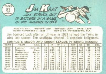1965 Topps #62 Jim Kaat Back