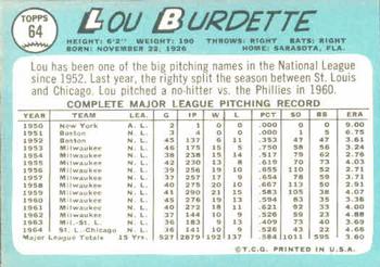 1965 Topps #64 Lew Burdette Back