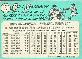 1965 Topps #70 Bill Skowron Back