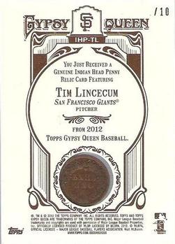2012 Topps Gypsy Queen - Indian Head Penny #IHP-TL Tim Lincecum  Back