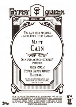 2012 Topps Gypsy Queen - Relics #GQR-MC Matt Cain  Back