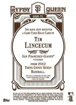 2012 Topps Gypsy Queen - Relics #GQR-TL Tim Lincecum  Back