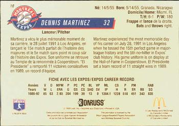 1993 Donruss McDonald's Montreal Expos 25th Anniversary #10 Dennis Martinez Back