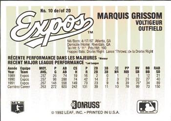 1992 Donruss Durivage Bread Montreal Expos #10 Marquis Grissom Back