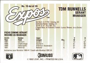 1992 Donruss Durivage Bread Montreal Expos #15 Tom Runnells Back