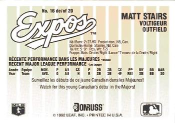 1992 Donruss Durivage Bread Montreal Expos #16 Matt Stairs Back