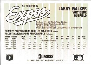 1992 Donruss Durivage Bread Montreal Expos #18 Larry Walker Back