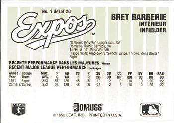 1992 Donruss Durivage Bread Montreal Expos #1 Bret Barberie Back