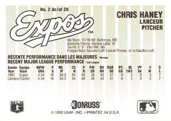 1992 Donruss Durivage Bread Montreal Expos #2 Chris Haney Back