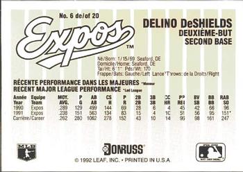 1992 Donruss Durivage Bread Montreal Expos #6 Delino DeShields Back