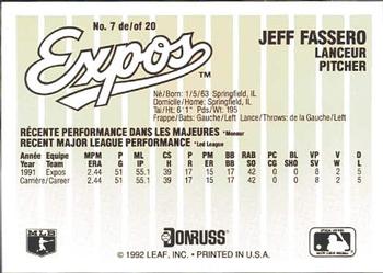 1992 Donruss Durivage Bread Montreal Expos #7 Jeff Fassero Back