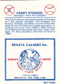 1977-84 Galasso Glossy Greats #13 Casey Stengel Back