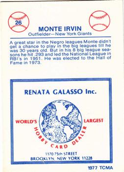 1977-84 Galasso Glossy Greats #26 Monte Irvin Back