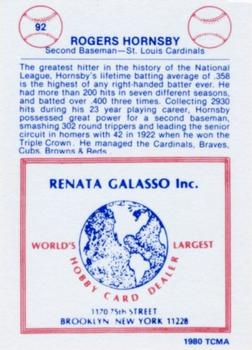 1977-84 Galasso Glossy Greats #92 Rogers Hornsby Back