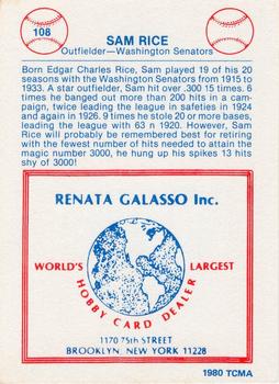 1977-84 Galasso Glossy Greats #108 Sam Rice Back