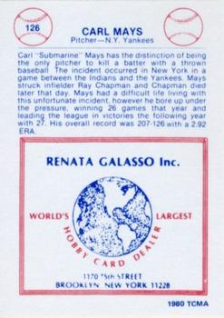 1977-84 Galasso Glossy Greats #126 Carl Mays Back