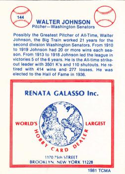 1977-84 Galasso Glossy Greats #144 Walter Johnson Back