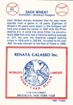 1977-84 Galasso Glossy Greats #151 Zack Wheat Back