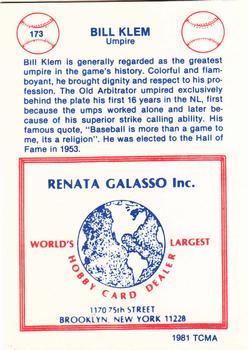 1977-84 Galasso Glossy Greats #173 Bill Klem Back