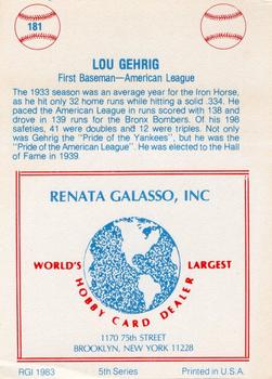 1977-84 Galasso Glossy Greats #181 Lou Gehrig Back