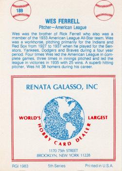 1977-84 Galasso Glossy Greats #189 Wes Ferrell Back