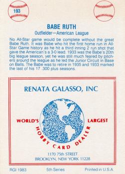 1977-84 Galasso Glossy Greats #193 Babe Ruth Back