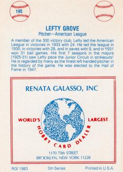 1977-84 Galasso Glossy Greats #195 Lefty Grove Back