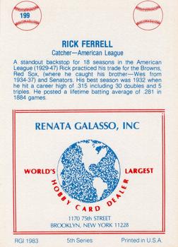 1977-84 Galasso Glossy Greats #199 Rick Ferrell Back