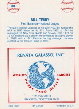1977-84 Galasso Glossy Greats #204 Bill Terry Back