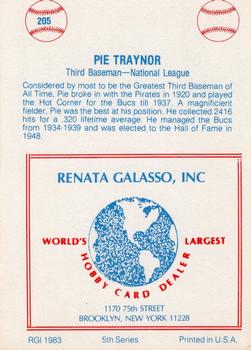 1977-84 Galasso Glossy Greats #205 Pie Traynor Back