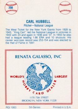 1977-84 Galasso Glossy Greats #208 Carl Hubbell Back