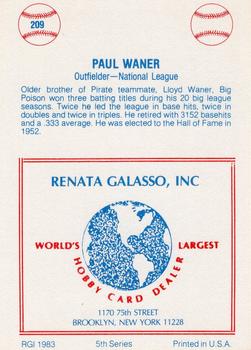 1977-84 Galasso Glossy Greats #209 Paul Waner Back
