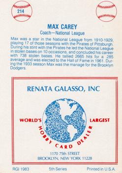 1977-84 Galasso Glossy Greats #214 Max Carey Back