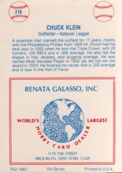 1977-84 Galasso Glossy Greats #218 Chuck Klein Back