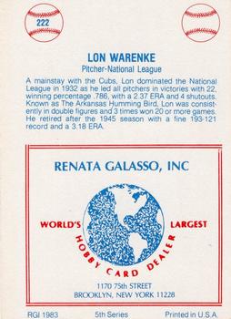 1977-84 Galasso Glossy Greats #222 Lon Warneke Back