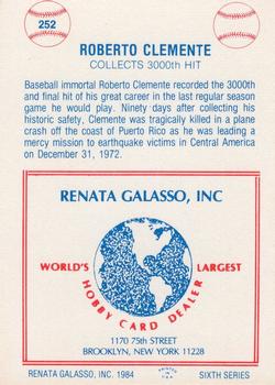 1977-84 Galasso Glossy Greats #252 Roberto Clemente Back