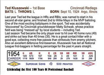 2002-09 Superior Gems 100 Years of Baseball: 1876-1976 #80 Ted Kluszewski Back