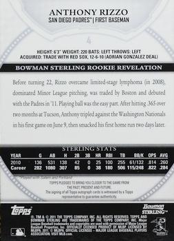 2011 Bowman Sterling - Rookie Autographs #4 Anthony Rizzo Back