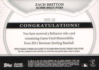 2011 Bowman Sterling - Rookie Relics #RRR-ZB Zach Britton Back